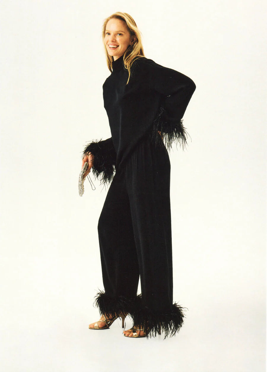 Black Tie Pajamas with Detachable Feathers in Black